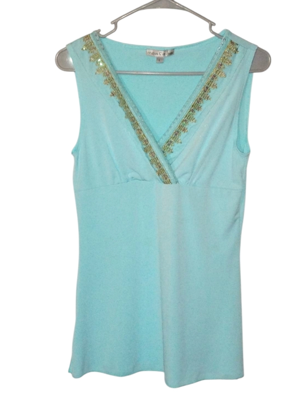 Aquamarine V-Neck Top with Sequin Lace Trim - Women